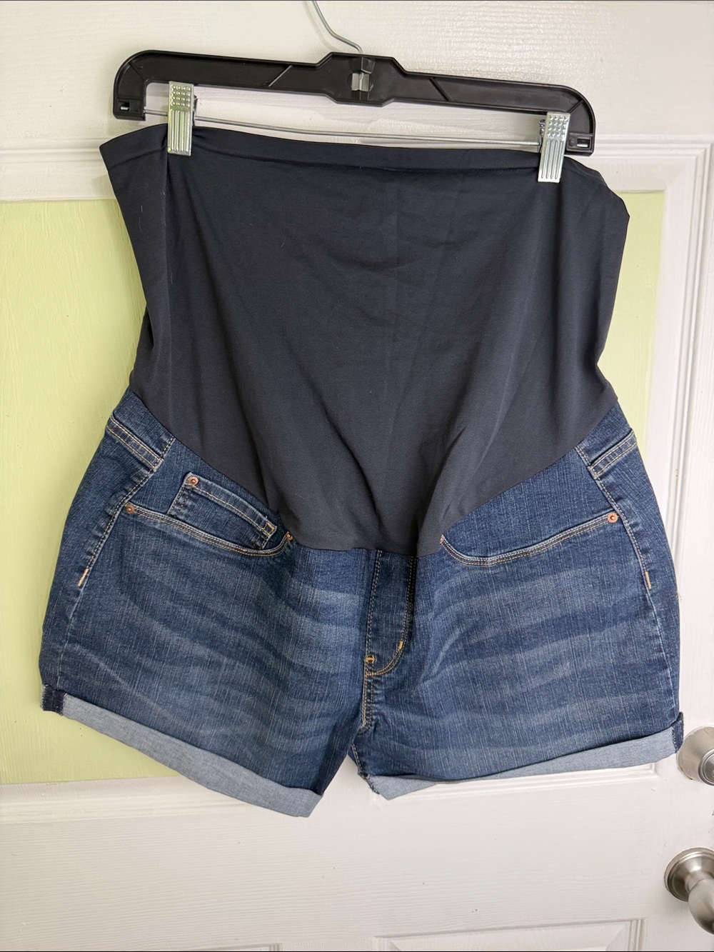 High-Waist Maternity Denim Shorts with Black Stretch Panel, Size: OS